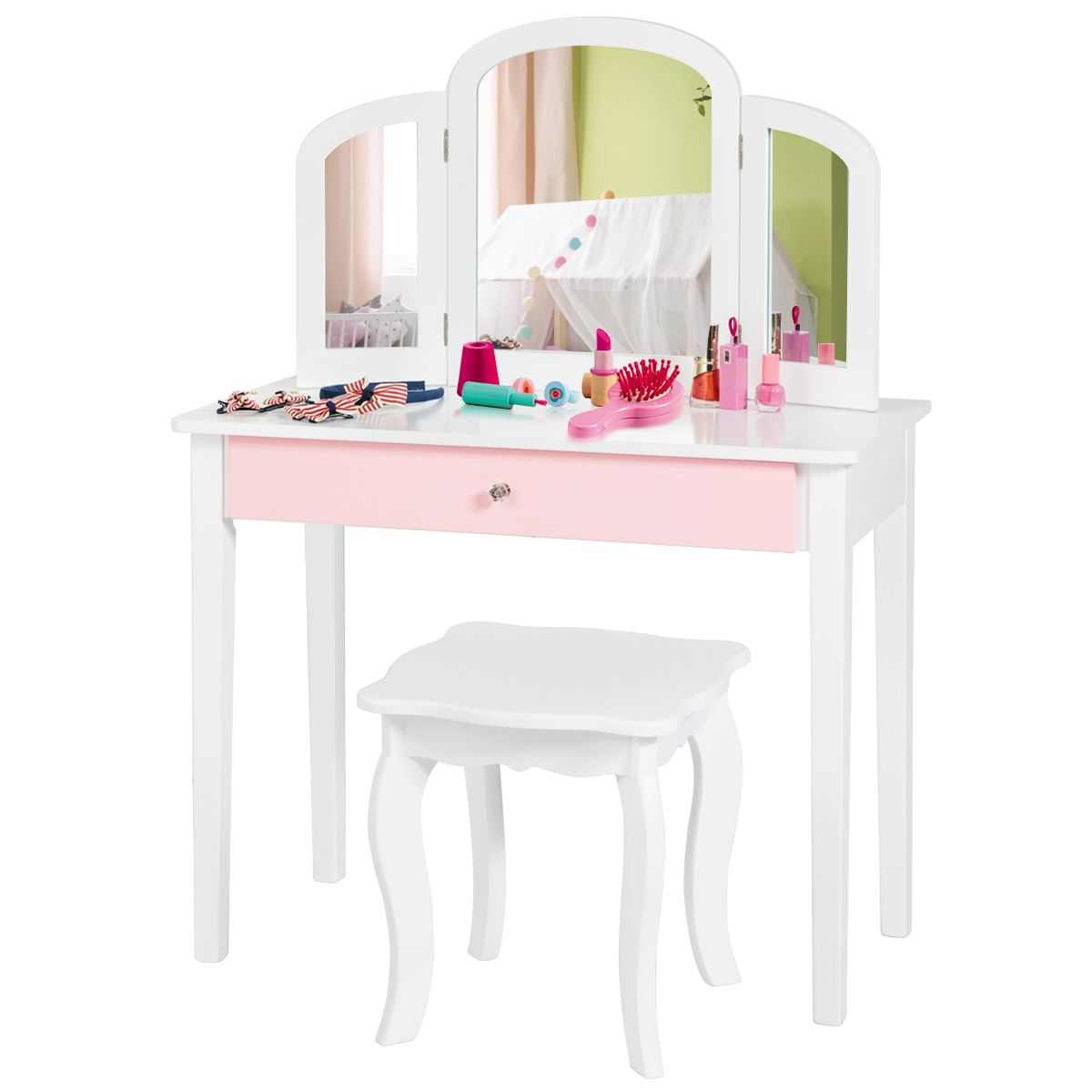 Otroška toaletna mizica 2in1 s trojnim zložljivim ogledalom in predalom v beli barvi