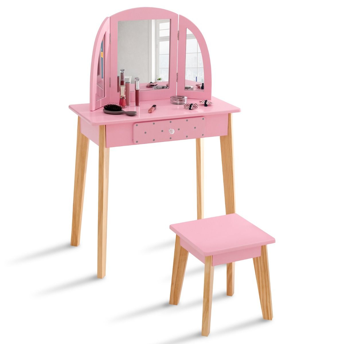 Otroška toaletna mizica s taburejem, roza/naravna