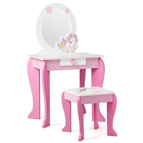 Otroška toaletna mizica s taburejem, snemljivim ogledalom, roza/bela